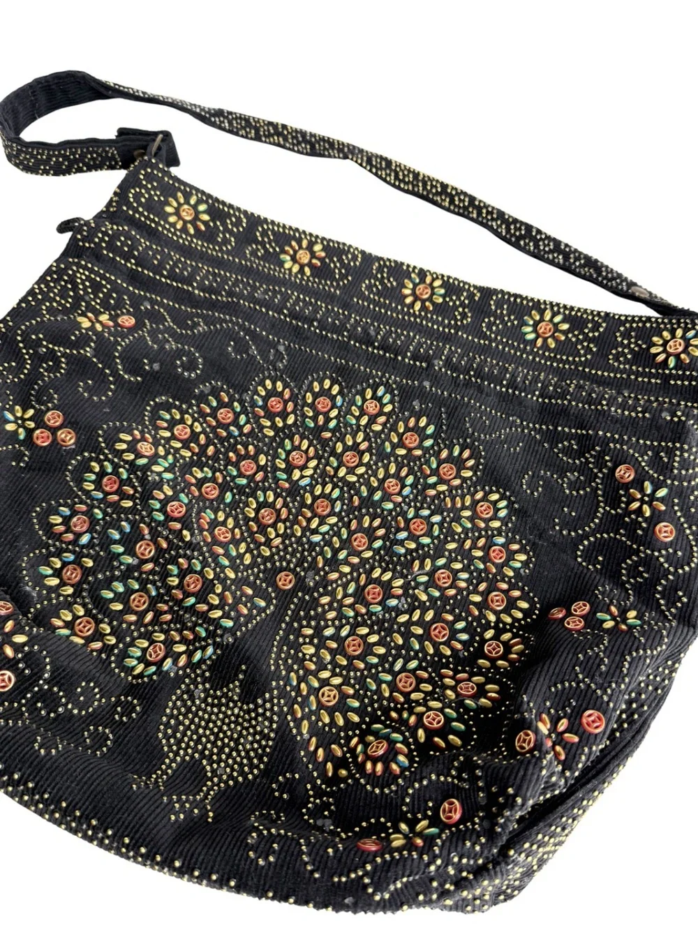 VTG Beaded Peacock Corduroy Drawstring Bucket Shoulder Bag Boho Folk Art Black